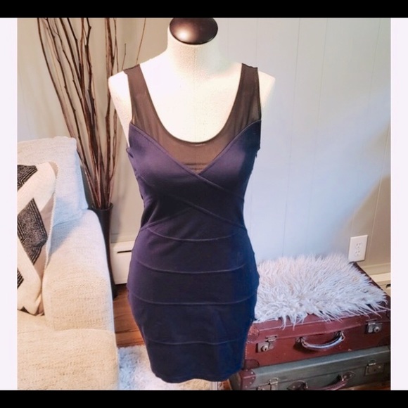 Express Navy with Black Sheer Accent Body Con Dress  Flattering Seaming Detail - Picture 6 of 10